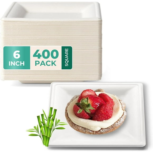 Fit Meal Prep 400 Pack Compostable Paper Plates, 6" Appetizer, Biodegradable Square Dessert, Heavy-Duty Disposable Eco-Friendly Sugarcane Plate for Party, Dinner, Cake, Snack, White