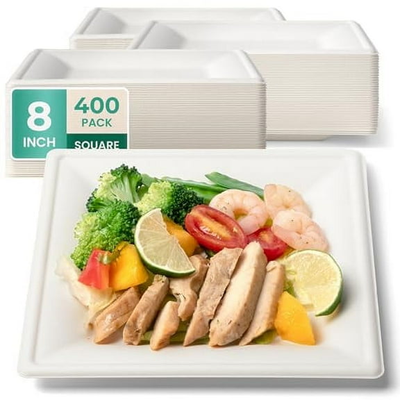 Fit Meal Prep [400 Pack] Compostable Plates, 8 Inch Biodegradable Square Plates, Heavy-Duty Disposable Dessert Plates, Eco-Friendly Sugarcane Plate for Party