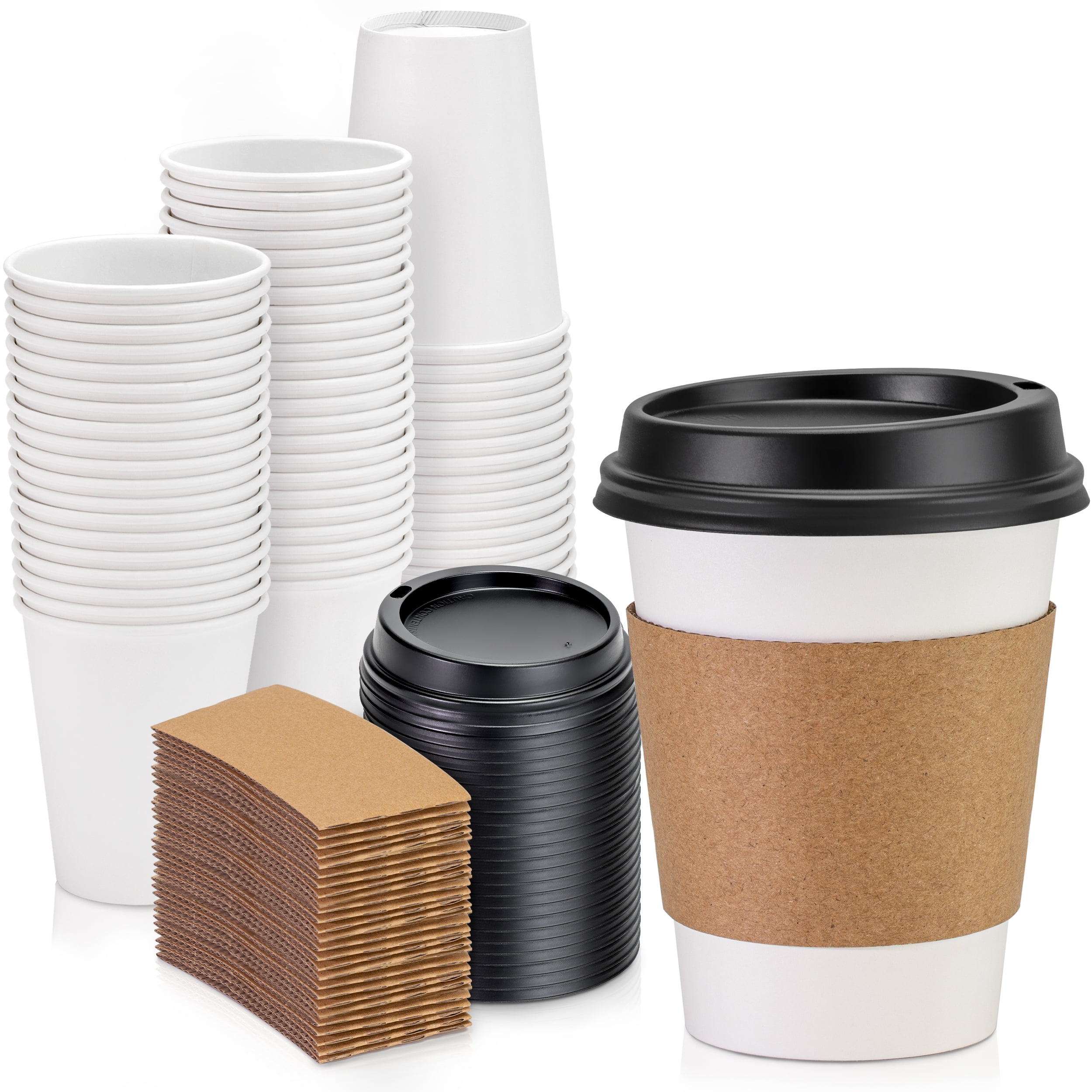 Disposable 12 Oz Paper Coffee Cups with Lids, Stirrers & Sleeves