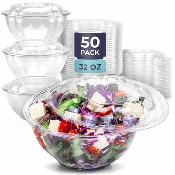 Fit Meal Prep 50 Pack 32 oz Disposable Plastic Clear Salad Bowls with Airtight Lids - To Go for Lunch, Takeout, Party, Catering, Picnic