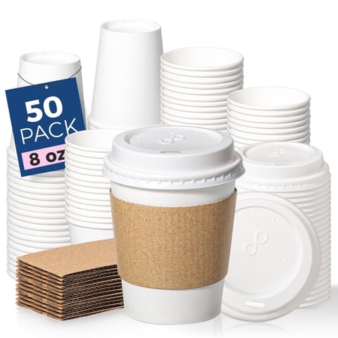 Fit Meal Prep 50 Pack 8 oz Disposable Coffee Cups with Lids, Sleeves, Leak-Proof To Go Coffee Cups with Lids, Durable Hot Paper Cups for Home, Office, Party, Business