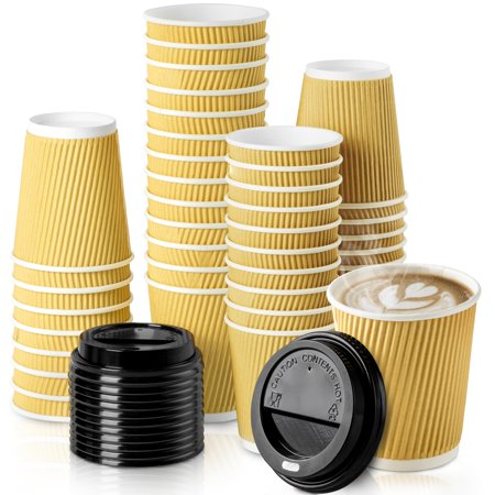 Fit Meal Prep [50 Pack Disposable Hot Cups with Lids - 8 oz Brown Double Wall Insulated Ripple Sleeves Coffee Cups with Black Dome Lid - Kraft Paper Cup for To Go Chocolate, Tea, and Cocoa Drinks