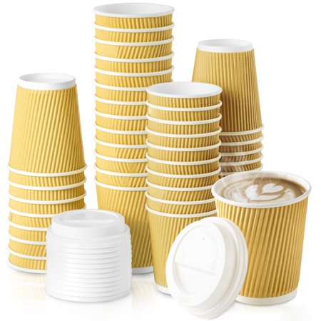 Fit Meal Prep [50 Pack Disposable Hot Cups with Lids - 8 oz Brown Double Wall Insulated Ripple Sleeves Coffee Cups with White Dome Lid - Kraft Paper Cup for To Go Chocolate, Tea, and Cocoa Drinks