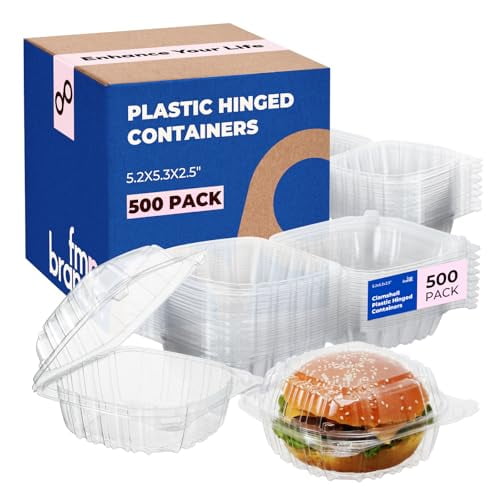 Fit Meal Prep 500 Pack 5.3 x 5.2 x 2.5 Inches Clear Hinged Plastic Containers, Clamshell Take Out Containers, Bakery To Go Disposable Plastic Container, Ideal for Sandwiches Hamburger Salads Cake