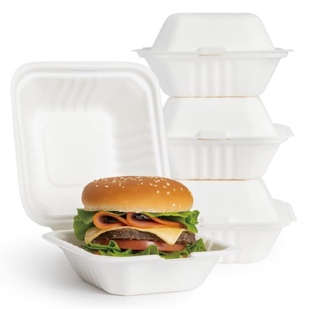 Fit Meal Prep [75 Pack] 6x6x3” Compostable Food Containers Disposable Burger Boxes Eco Friendly Clamshell Take Out Boxes, Heavy Duty, 100% Biodegradable Sugarcane Box, Microwave Safe