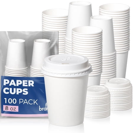 Fit Meal Prep 100 Pack 8 oz Paper Coffee Cups with Lids, Disposable Hot and Cold Drinkware, White Lids