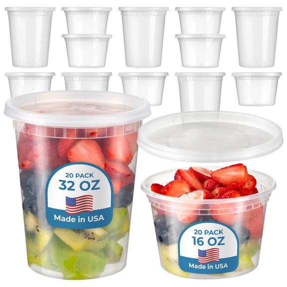 Fit Meal Prep Food Storage Containers with Lids, Round Plastic Deli Cups, 16 and 32 oz, Cup Pint Quart Size, Leak Proof, Airtight, Microwave & Dishwasher Safe, Stackable, Reusable, White, 40 Pack