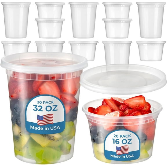 Fit Meal Prep Food Storage Containers with Lids, Round Plastic Deli Cups, 16 and 32 oz, Cup Pint Quart Size, Leak Proof, Airtight, Microwave & Dishwasher Safe, Stackable, Reusable, White, 40 Pack