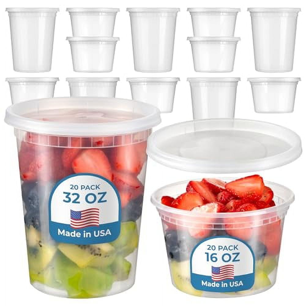Fit Meal Prep Food Storage Containers with Lids, Round Plastic Deli Cups,  16 and 32 oz, Cup Pint Quart Size, Leak Proof, Airtight, Microwave &  Dishwasher Safe, Stackable, Reusable, White, 40 Pack 