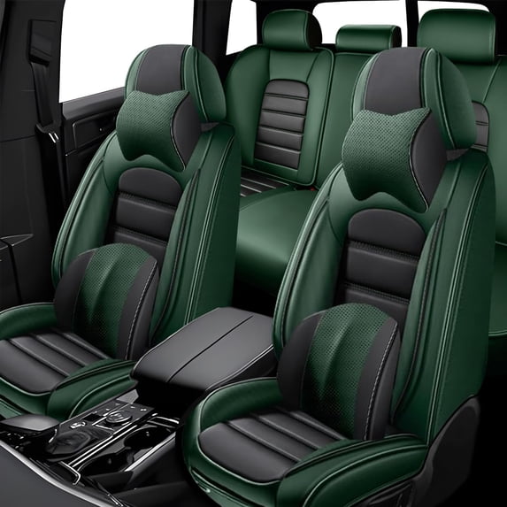 Fit for Nissan 98% Car Models Full Set Leather Car Seat Covers Waterproof Soft Car Seat Protectors Soft Vehicle Cushion Cover for Cars SUV Sedan(Luxury,Black&Green)