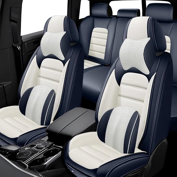 Fit for Nissan 98% Car Models Full Set Leather Car Seat Covers Waterproof Soft Car Seat Protectors Soft Vehicle Cushion Cover for Cars SUV Sedan(Luxury,White&Blue)