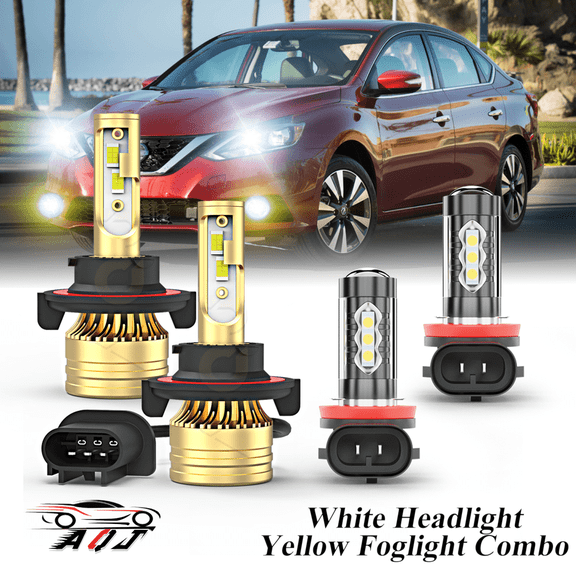 Fit for Nissan Sentra 2004-2012 – 9008/H13 H11 LED Headlight Combo 4 Pack, 6,000K White 1000,000LM Super Bright Headlight + 3500K Amber Yellow Foglight Bulb Set, Premium LED Lamp Upgrade Set