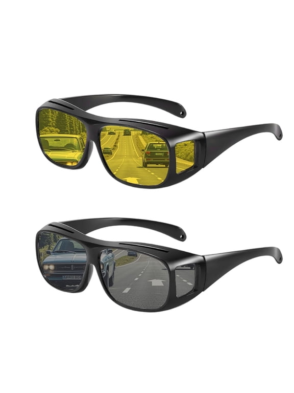 Fit Over HD Day / Night Driving Glasses Wraparound Sunglasses for Men, Women - Anti Glare Polarized Wraparounds , 2 Pack, Black and Gold