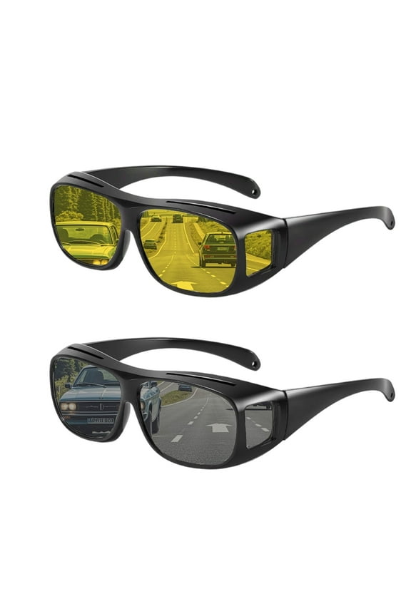 Fit Over HD Day / Night Driving Glasses Wraparound Sunglasses for Men, Women - Anti Glare Polarized Wraparounds , 2 Pack, Black and Gold