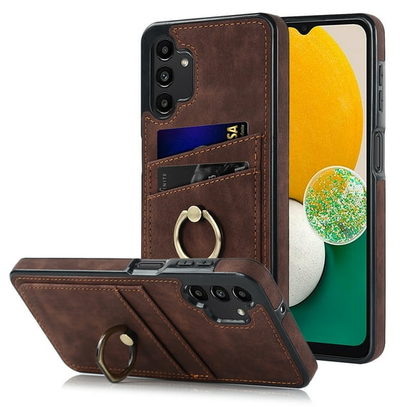Fit for Samsung Galaxy A13 4G Case Card Pocket 360° Rotatable Ring Holder Kickstand, Shockproof Drop Resistant PU Leather Soft TPU Back Protective Phone Case For Samsung Galaxy A13 4G, Coffee