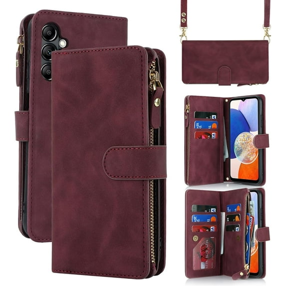 Fit for Samsung Galaxy A14 (5G 2023) Wallet Case for Women & Men with Strap,Samsung Galaxy A14 Crossbody Phone Case with Card Holder,Shoulder Lanyard,Zipper PU Leather Case 6.6",Burgundy