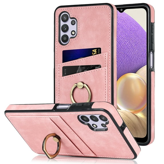 Fit for Samsung Galaxy A32 5G Case Card Pocket 360° Rotatable Ring Holder Kickstand, Shockproof Drop Resistant PU Leather Soft TPU Back Protective Phone Case For Samsung Galaxy A32 5G, Pink