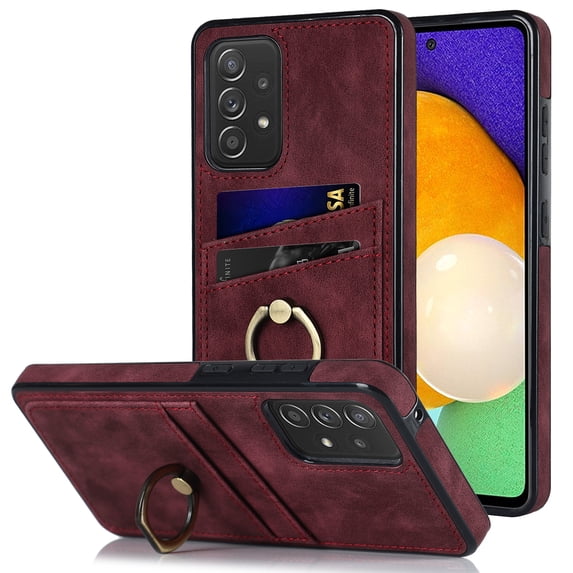 Fit for Samsung Galaxy A52 5G/4G Case Card Pocket 360° Rotatable Ring Holder Kickstand, Shockproof Drop Resistant PU Leather Soft TPU Back Protective Phone Case For Samsung Galaxy A52 5G/4G, Winered