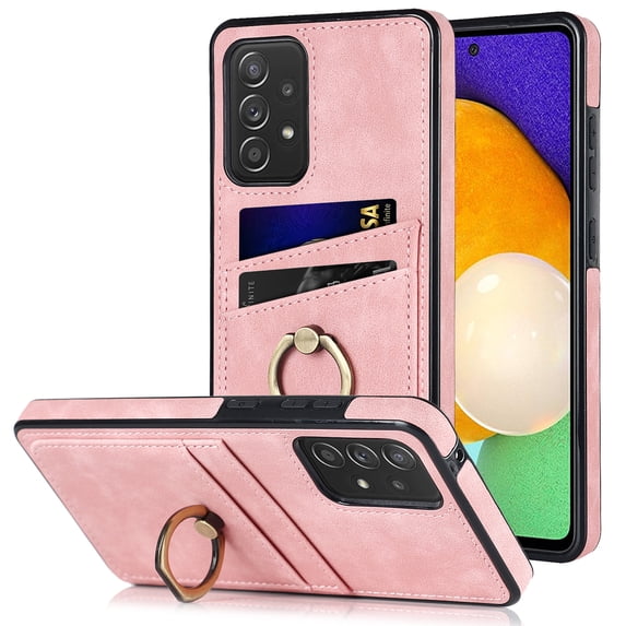 Fit for Samsung Galaxy A52 5G/4G Case Card Pocket 360° Rotatable Ring Holder Kickstand, Shockproof Drop Resistant PU Leather Soft TPU Back Protective Phone Case For Samsung Galaxy A52 5G/4G, Pink