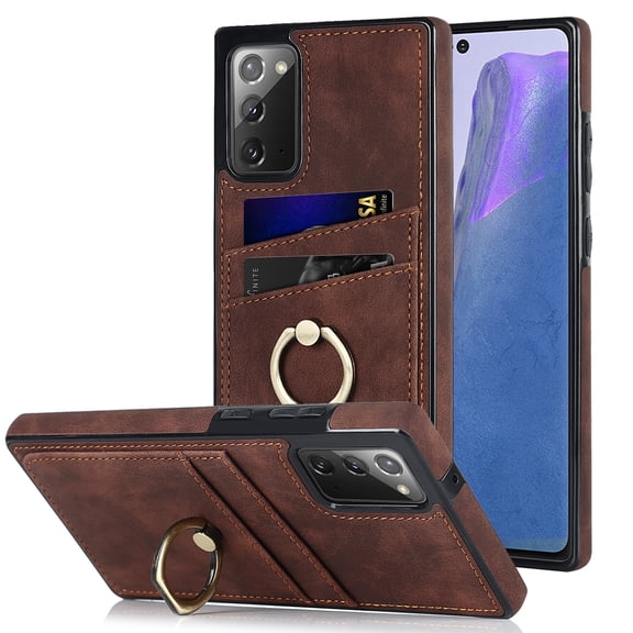 Fit for Samsung Galaxy Note 20 Case Card Pocket 360° Rotatable Ring Holder Kickstand, Shockproof Drop Resistant PU Leather Soft TPU Back Protective Phone Case For Samsung Galaxy Note 20, Coffee