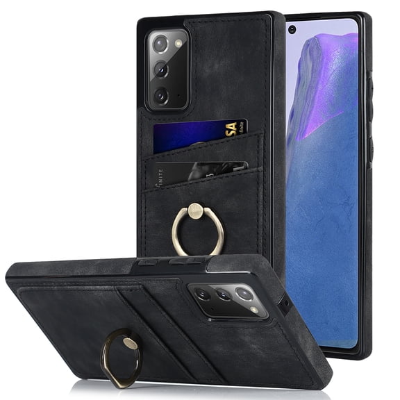 Fit for Samsung Galaxy Note 20 Case Card Pocket 360° Rotatable Ring Holder Kickstand, Shockproof Drop Resistant PU Leather Soft TPU Back Protective Phone Case For Samsung Galaxy Note 20, Black