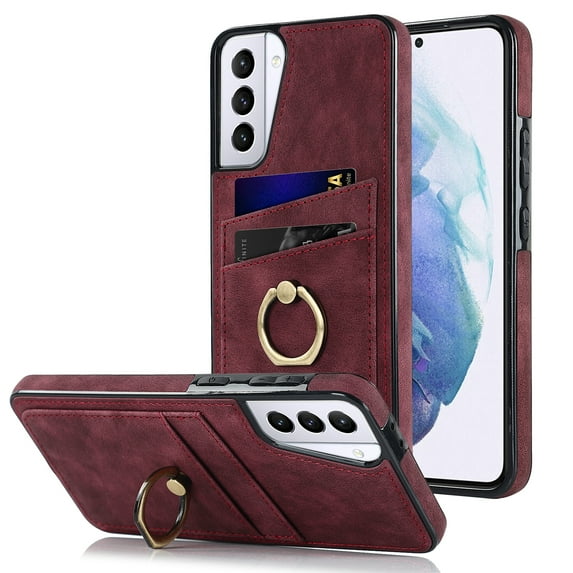 Fit for Samsung Galaxy S21 Case Card Pocket 360° Rotatable Ring Holder Kickstand, Shockproof Drop Resistant PU Leather Soft TPU Back Protective Phone Case For Samsung Galaxy S21, Winered