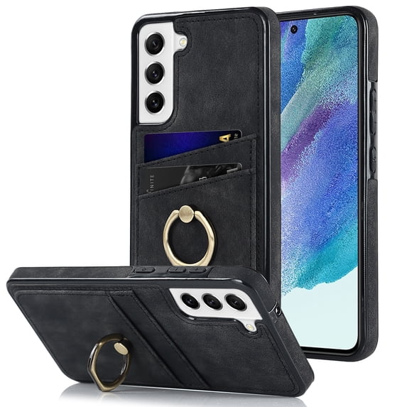 Fit for Samsung Galaxy S21 FE Case Card Pocket 360° Rotatable Ring Holder Kickstand, Shockproof Drop Resistant PU Leather Soft TPU Back Protective Phone Case For Samsung Galaxy S21 FE, Black