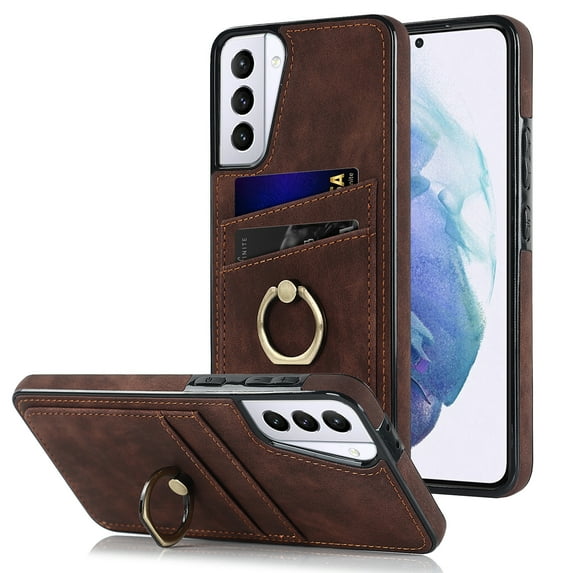 Fit for Samsung Galaxy S21 Ultra Case Card Pocket 360° Rotatable Ring Holder Kickstand, Shockproof Drop Resistant PU Leather Soft TPU Back Protective Phone Case For Samsung Galaxy S21 Ultra, Coffee