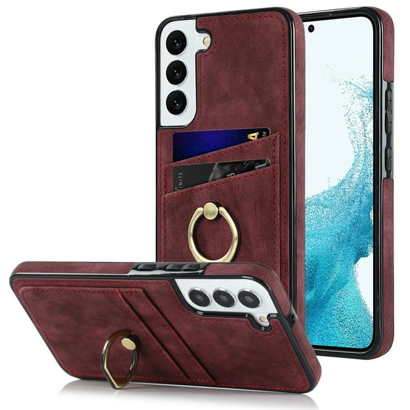 Fit for Samsung Galaxy S22 Case Card Pocket 360° Rotatable Ring Holder Kickstand, Shockproof Drop Resistant PU Leather Soft TPU Back Protective Phone Case For Samsung Galaxy S22, Winered