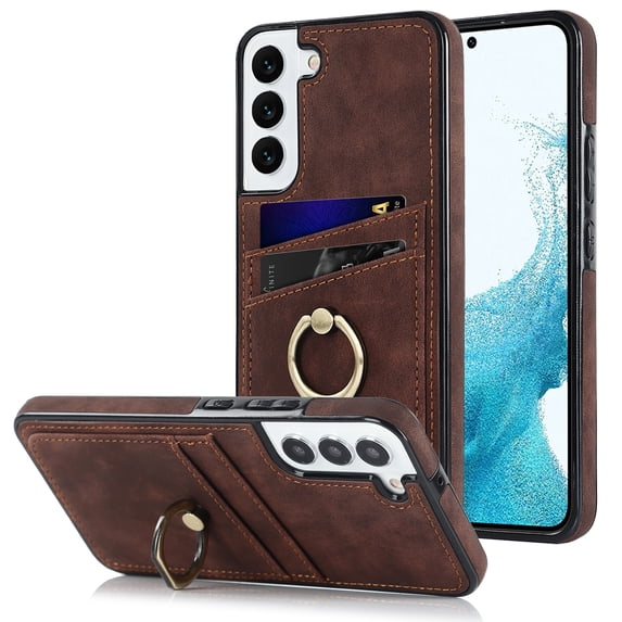 Fit for Samsung Galaxy S22 Plus Case Card Pocket 360° Rotatable Ring Holder Kickstand, Shockproof Drop Resistant PU Leather Soft TPU Back Protective Phone Case For Samsung Galaxy S22 Plus, Coffee