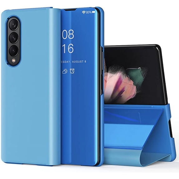 Fit for Samsung Galaxy Z Fold 3 5G Mirror Case for Girls Women, Ultra Thin Luxury Clear View Cover Leather Flip Phone Case for SSamsung Galaxy Z Fold 3 QH Blue