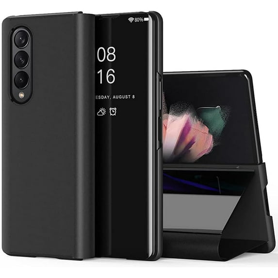 Fit for Samsung Galaxy Z Fold 3 5G Mirror Case for Girls Women, Ultra Thin Luxury Clear View Cover Leather Flip Phone Case for SSamsung Galaxy Z Fold 3 QH Black
