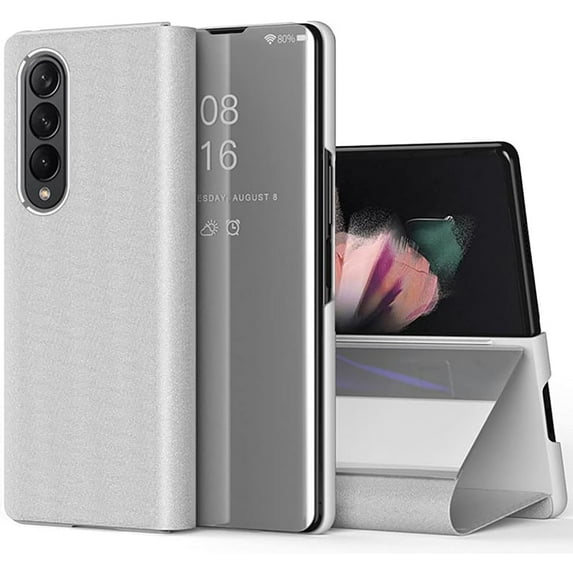 Fit for Samsung Galaxy Z Fold 3 5G Mirror Case for Girls Women, Ultra Thin Luxury Clear View Cover Leather Flip Phone Case for SSamsung Galaxy Z Fold 3 QH Silver