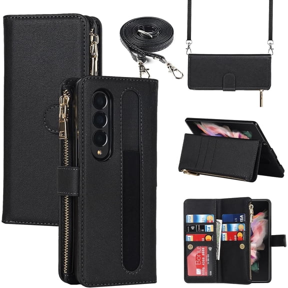 Fit Samsung Galaxy Z Fold 4 5G Case Wallet with S Pen Holder for Women [S Pen Not Include],Samsung Z Fold 4 Phone Case with Card Holder,Crossbody Lanyard Strap Zipper PU Leather Case,Black