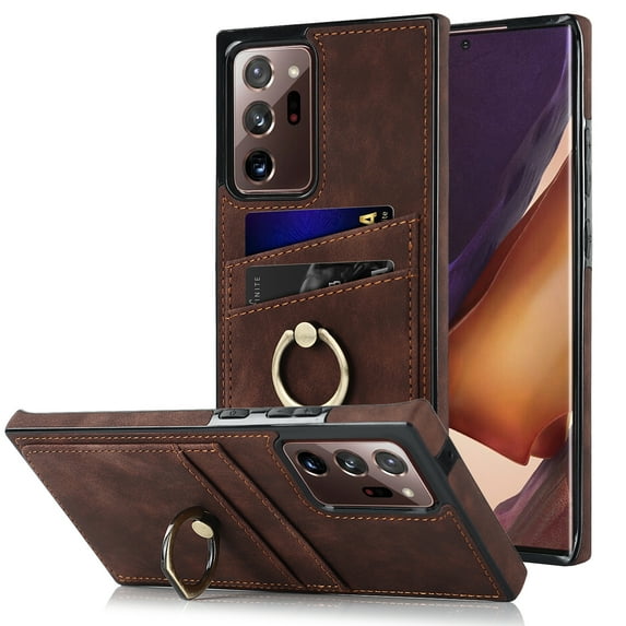 Fit for Samsung Note 20 Ultra Case Card Pocket 360° Rotatable Ring Holder Kickstand, Shockproof Drop Resistant PU Leather Soft TPU Back Protective Phone Case For Samsung Galaxy Note 20 Ultra, Coffee