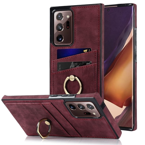 Fit for Samsung Note 20 Ultra Case Card Pocket 360° Rotatable Ring Holder Kickstand, Shockproof Drop Resistant PU Leather Soft TPU Back Protective Phone Case For Samsung Galaxy Note 20 Ultra, Winered