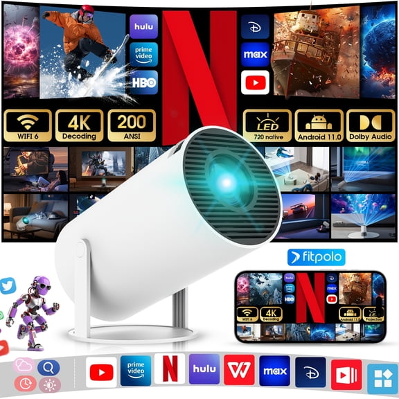 Fit Smart Mini Projector,Projector support 4k with WiFi and Built-in App,Auto Focus & Keystone, DoIby Audio, Zoom, Native 720P Movie, Portable Outdoor Mini Projector, White