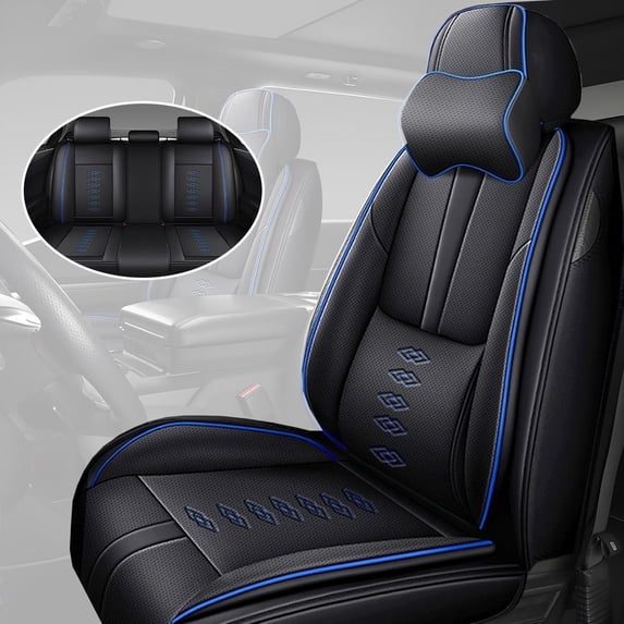 Fit for TOYOTA RAV4 2010, PU Leather 5 Seats Full Set With a Headrest and Lumbar Support Suitable for All Seasons, Black and Blue Edges Car Seat Covers, Give Your Interior a New Look