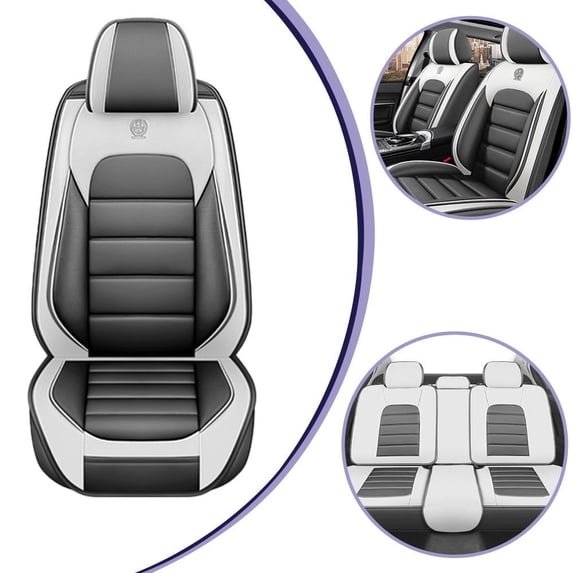 Fit for TOYOTA TACOMA 2012, Gray and White Car Seat Covers, PU Leather 5 Piece Full Set With Lumbar Support Beautify Interior, Only CREW CAB PICKUP, Airbag-Compatible