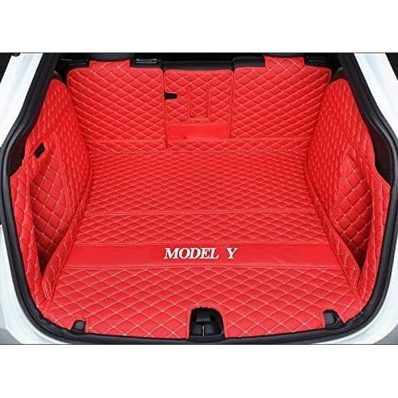 Fit Tesla Y Trunk Mat Full Coverage Red Nappa Leather Trunk Liner Cargo Mat for 2020-2025 Tesla Model Y 5-Seater(NON for Model Y Juniper Refresh) Car Rear Cargo Liner