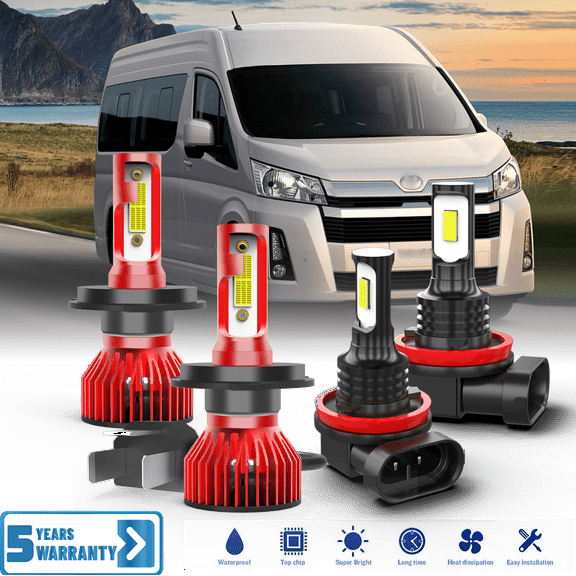 Fit for Toyota Hiace Van 2006-2023 H4/9003+H11 LED Light Bulbs Combo 4 Pack, 6,500K Cool White 30,000LM Super Bright, Premium LED High Low Beam + Foglights Lamp Upgrade Set
