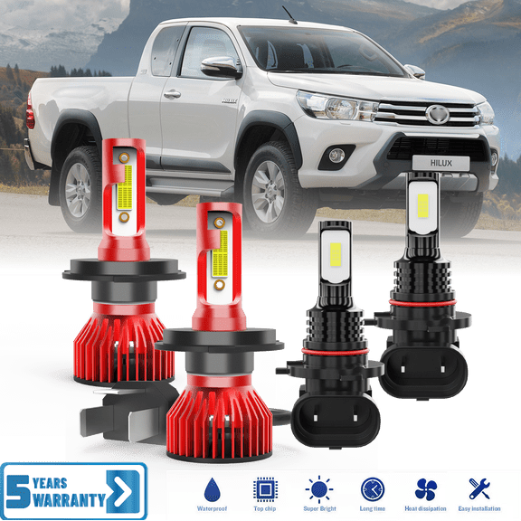 Fit for Toyota Hilux 2004-2019 H4/9003+9005/9145 LED Light Bulbs Combo 4 Pack, 6,500K Cool White 30,000LM Super Bright, Premium LED High Low Beam + Foglights Lamp Upgrade Set