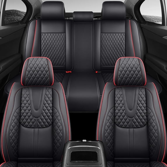 Fit for Toyota Rav4 2014, Leather Full Set of 5 Seats With Lumbar Support Suitable for All Seasons, Black and Red Trim Car Seat Covers, Protect Car Seats