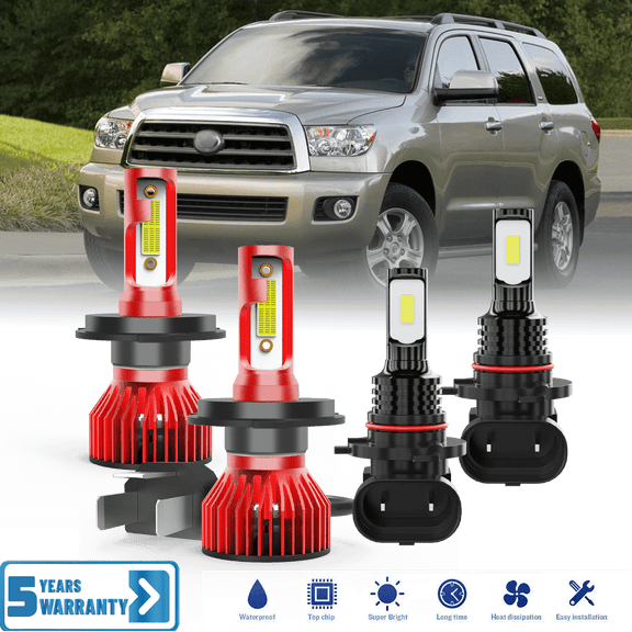 Fit for Toyota Sequoia 2001-2007  H4/9003+9006 LED Light Bulbs Combo 4 Pack, 6,500K Cool White 30,000LM Super Bright, Premium LED High Low Beam + Foglights Lamp Upgrade Set