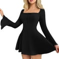 thumbnail image 1 of Fit and Flare Dress Women's Casual Solid Color Square Neck Long-sleeve A-line Dress for Office, Date Night & Spring Celebrations Black L, 1 of 5