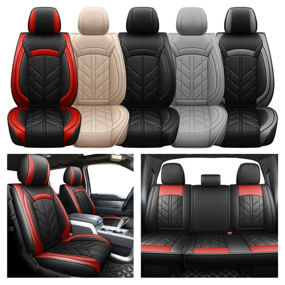 Fit for 2009-2014 Ford F150 Truck Car Seat Covers 5 Seats Front Rear Cushion Protector Pu Leather Black + Red
