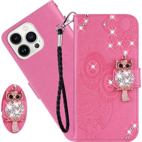Fit for Apple iPhone 14 Pro Max Wallet Case with Card Holder, DIY Diamond PU Leather Flip Phone Cover Case for iPhone 14 Pro Max Pink