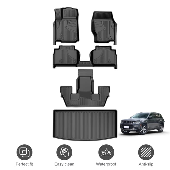 Fit for Jeep Grand Cherokee L 2021-2026 (ONLY for 6-Passenger Without Center Console) TPE All Weather Floor Mats & Cargo Liner