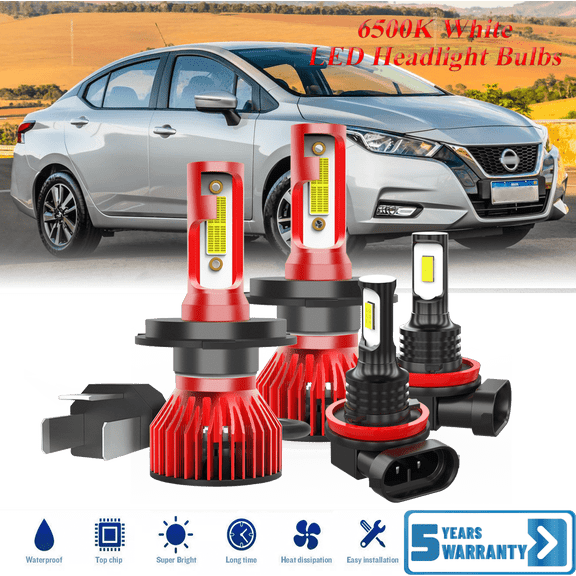 Fit for Nissan Versa 4-Door 2007-2021 LED Light Combo High-Low Beam + Foglight Bulbs , 9007/HB4*2 Headlight + H11/H8 Fog Light Kit Pack of 4