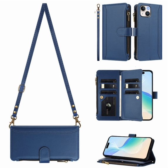 Fit for iPhone 13(6.1)/14(6.1) PU Leather Magnetic Snap Flip Zipper Strap Wallet Phone Case